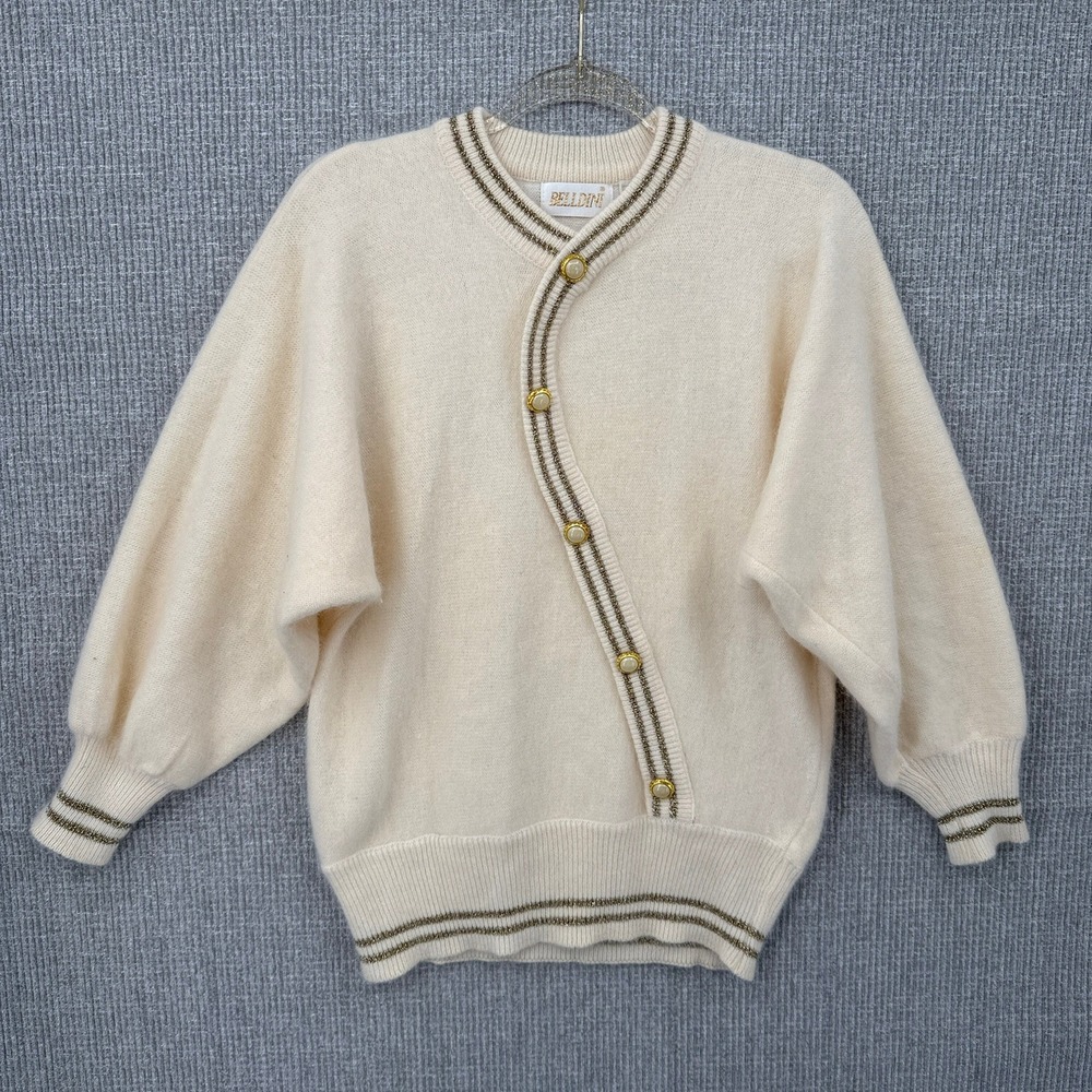 Bellini Angora‎ Blend Cardigan Gold Trim Button Dolman Sleeve Sz M Cottage Cozy